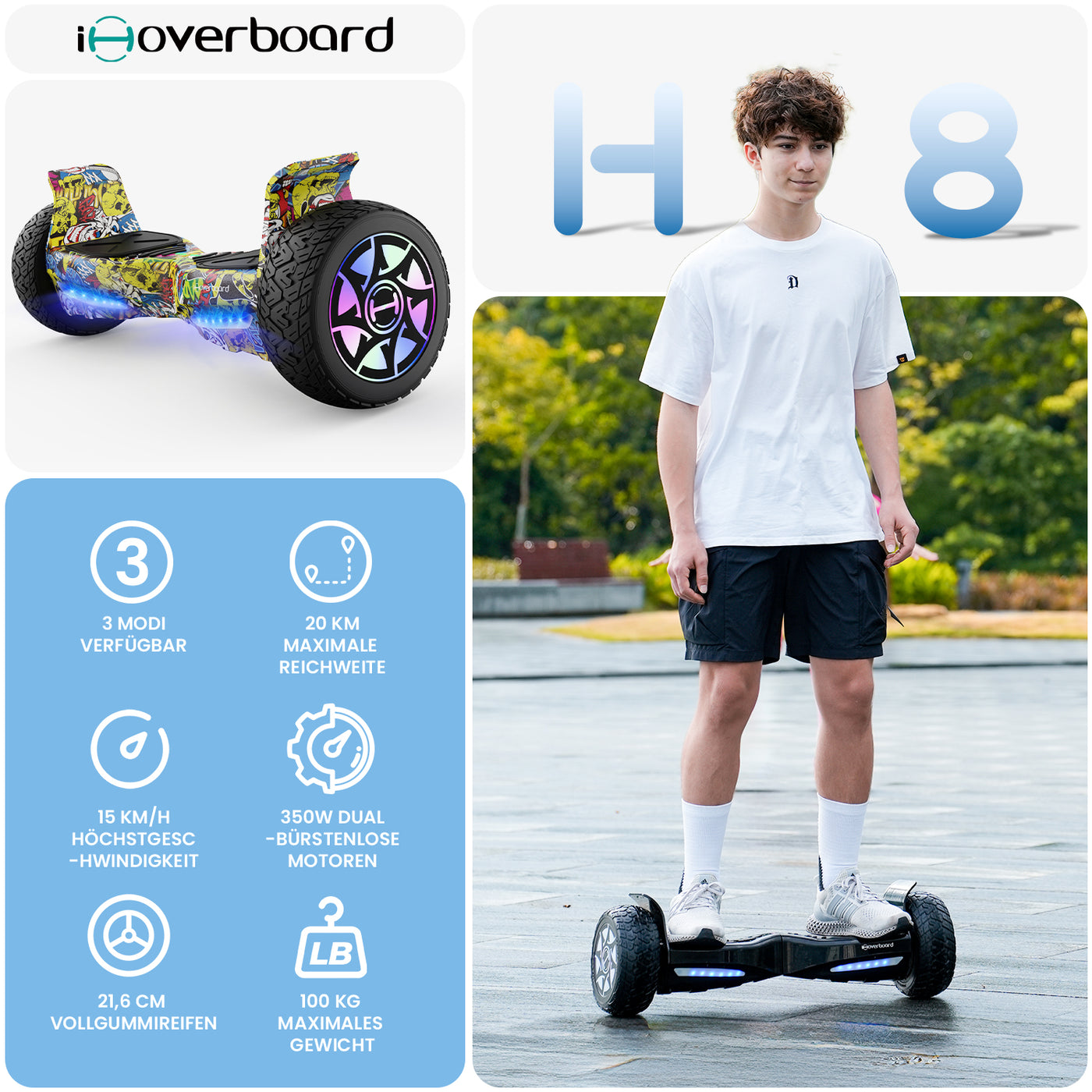 iHoverboard H8/H8Pro LED Schwarz Hoverboard Gelände 8.5"